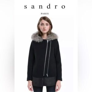 Sandro Paris Manoli Fur Trim Leather Wool Coat Hooded Moto Style Zip Size 38 / M